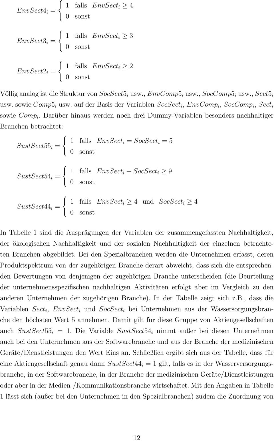 Darüber hinaus werden noch drei Dummy-Variablen besonders nachhaltiger Branchen betrachtet: 1 falls EnvSect i = SocSect i = 5 SustSect55 i = 0 sonst 1 falls EnvSect i + SocSect i 9 SustSect54 i = 0