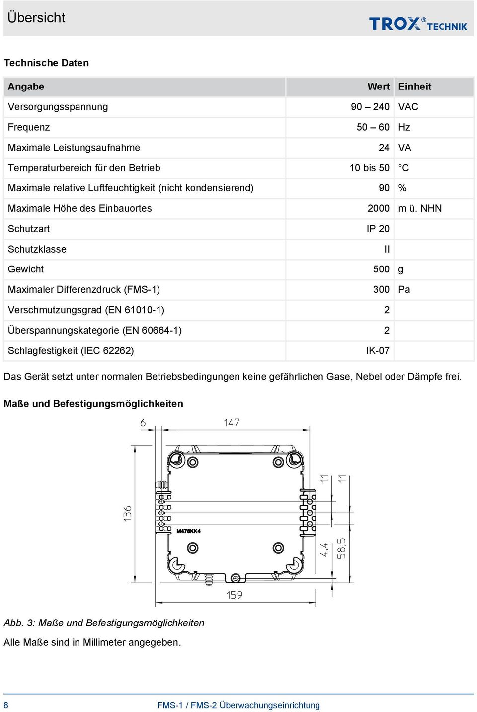 NHN Schutzart IP 20 Schutzklasse II Gewicht 500 g Maximaler Differenzdruck (FMS-1) 300 Pa Verschmutzungsgrad (EN 61010-1) 2 Überspannungskategorie (EN 60664-1) 2 Schlagfestigkeit