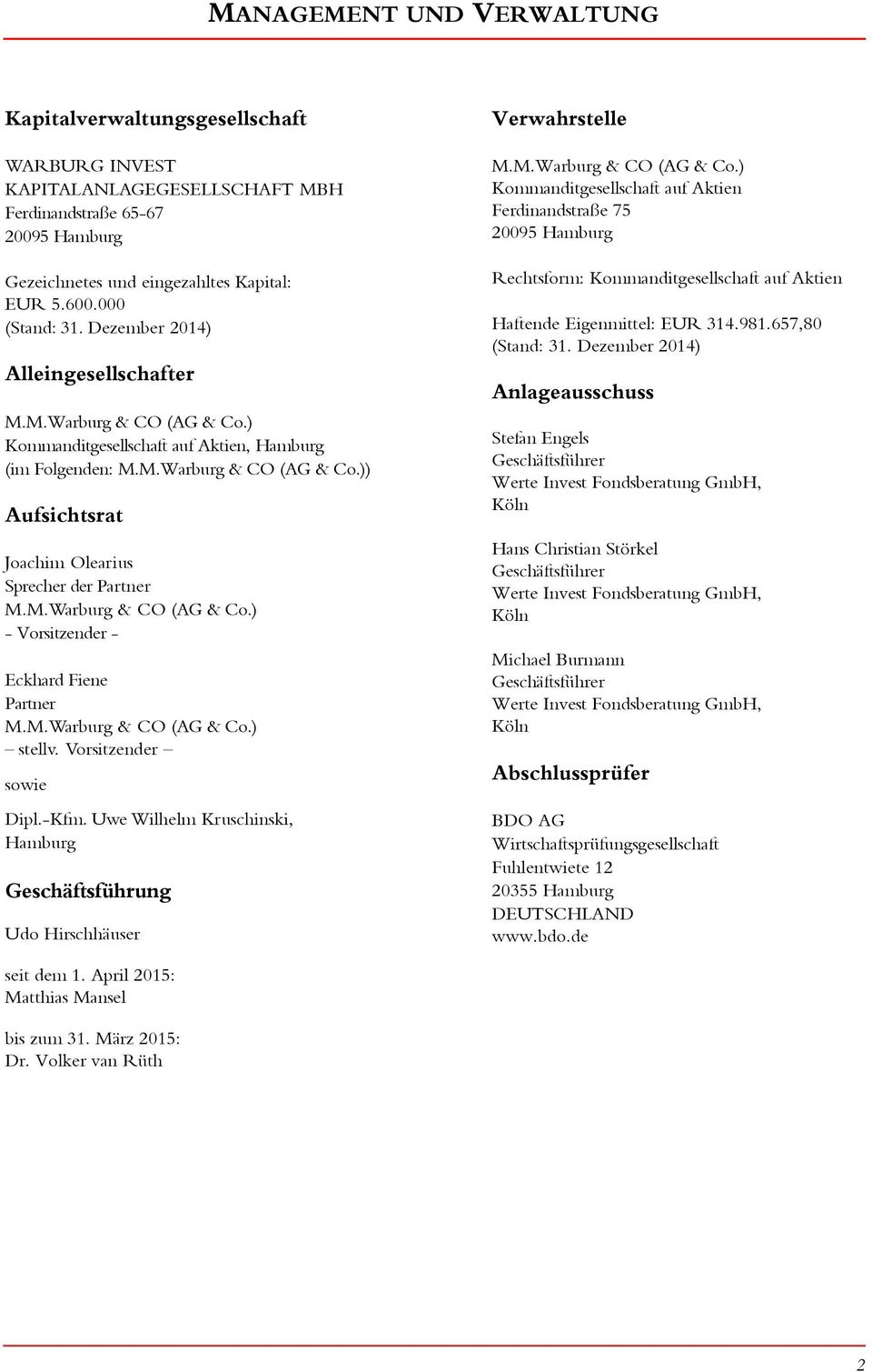 M.Warburg & CO (AG & Co.) - Vorsitzender - Eckhard Fiene Partner M.M.Warburg & CO (AG & Co.) stellv. Vorsitzender sowie Dipl.-Kfm.