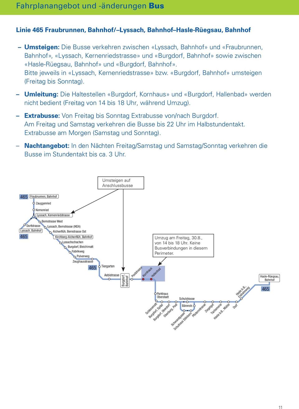 Umleitung: Die Haltestellen «Burgdorf, Kornhaus» und «Burgdorf, Hallenbad» werden nicht bedient (Freitag von 14 bis 18 Uhr, während Umzug).