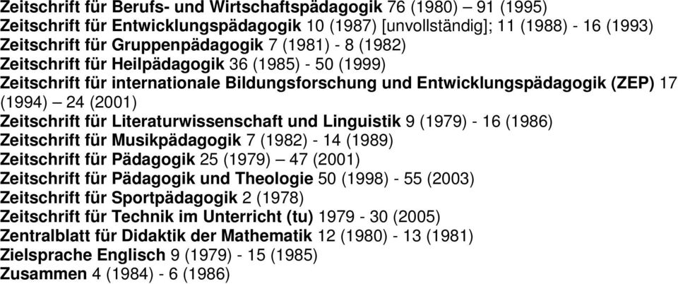 und Linguistik 9 (1979) - 16 (1986) Zeitschrift für Musikpädagogik 7 (1982) - 14 (1989) Zeitschrift für Pädagogik 25 (1979) 47 (2001) Zeitschrift für Pädagogik und Theologie 50 (1998) - 55 (2003)