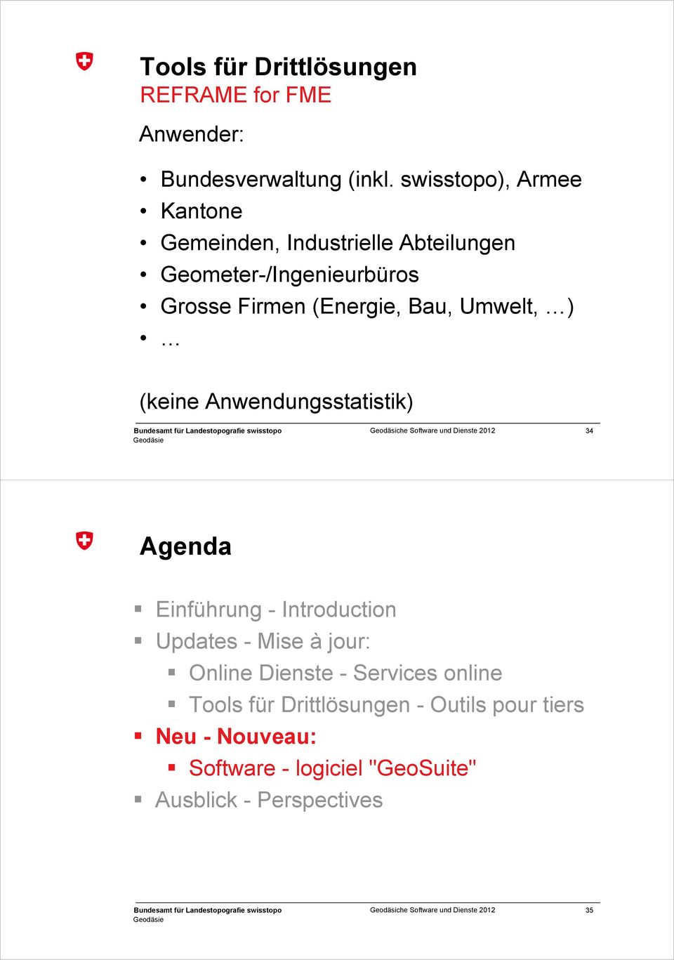 (Energie, Bau, Umwelt, ) (keine Anwendungsstatistik) 34 Agenda Einführung - Introduction Updates - Mise à