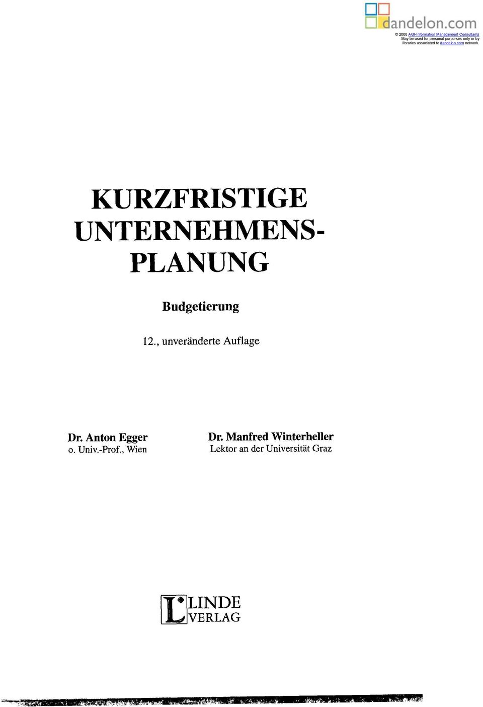 KURZFRISTIGE UNTERNEHMENS- PLANUNG Budgetierung 12.