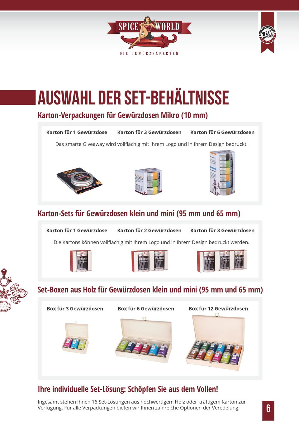 Karton-Sets für Gewürzdosen klein und mini (95 mm und 65 mm) Karton für 1 Gewürzdose Karton für 2 Gewürzdosen Karton für 3 Gewürzdosen Die Kartons können vollflächig mit Ihrem Logo und in Ihrem