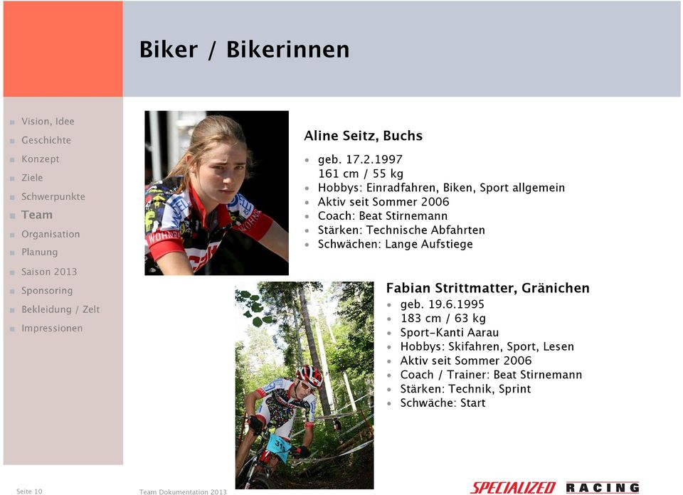 1997 161 cm / 55 kg Hobbys: Einradfahren, Biken, Sport allgemein Aktiv seit Sommer 2006 Coach: Beat Stirnemann Stärken: Technische Abfahrten