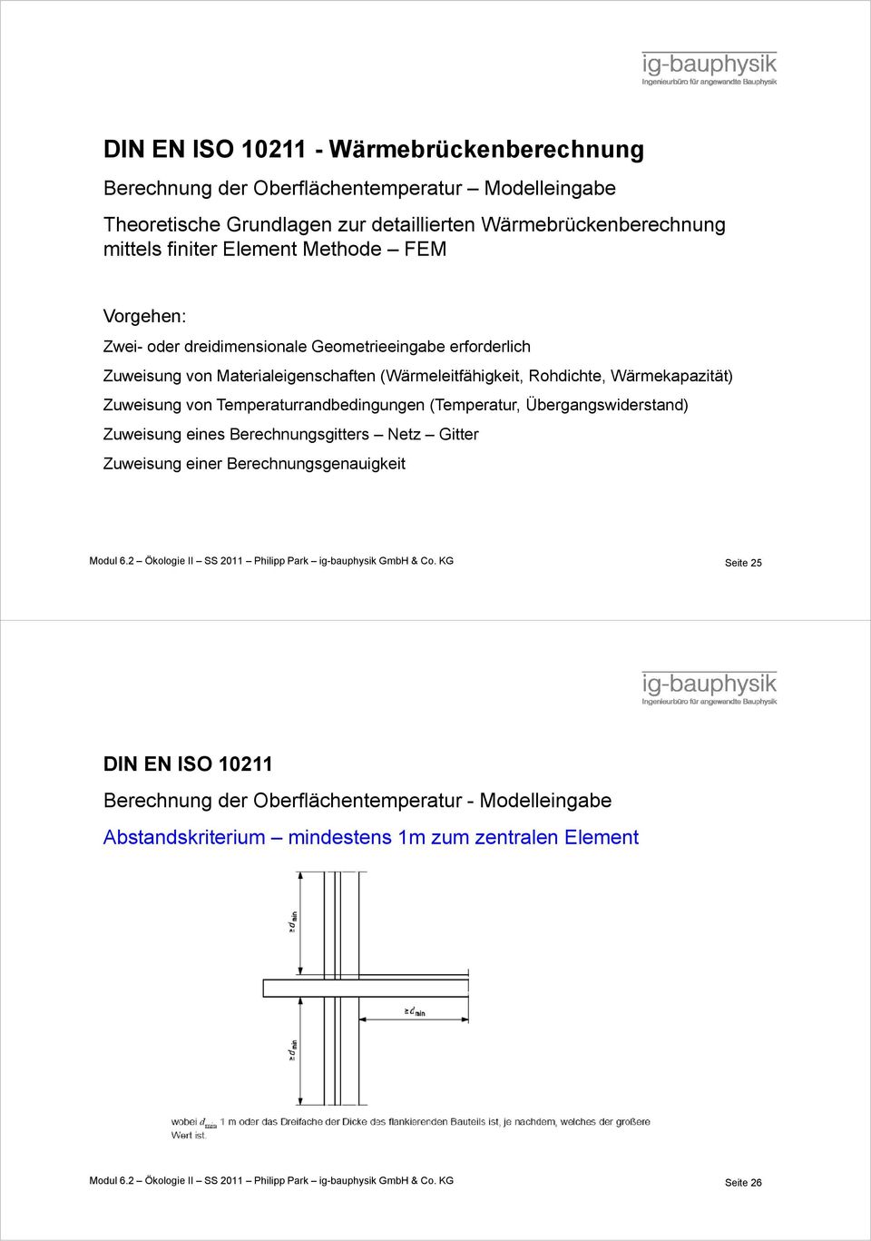(Temperatur, Übergangswiderstand) Zuweisung eines Berechnungsgitters Netz Gitter Zuweisung einer Berechnungsgenauigkeit Modul 6.2 Ökologie II SS 2011 Philipp Park ig-bauphysik GmbH & Co.
