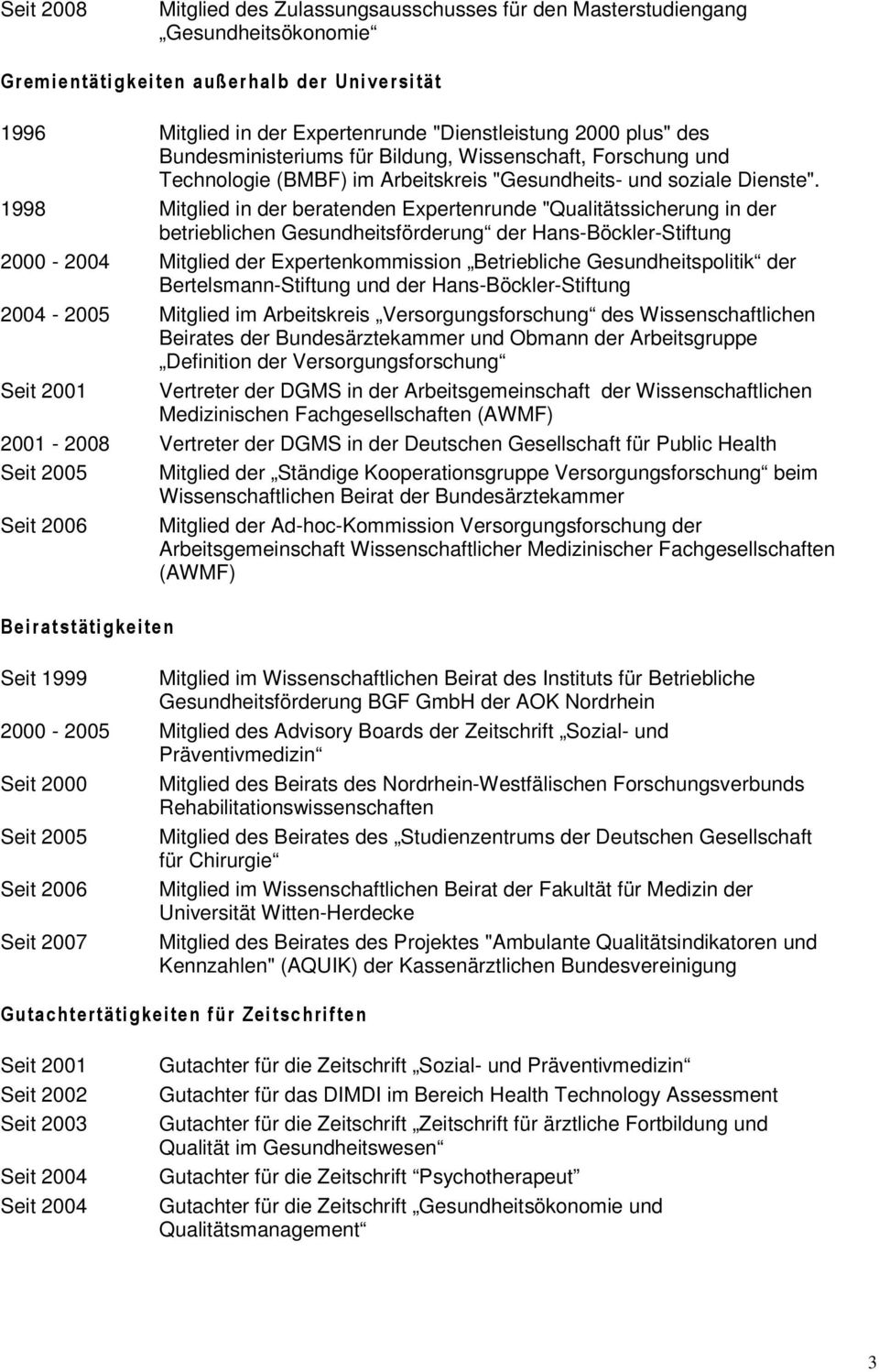 1998 Mitglied in der beratenden Expertenrunde "Qualitätssicherung in der betrieblichen Gesundheitsförderung der Hans-Böckler-Stiftung 2000-2004 Mitglied der Expertenkommission Betriebliche