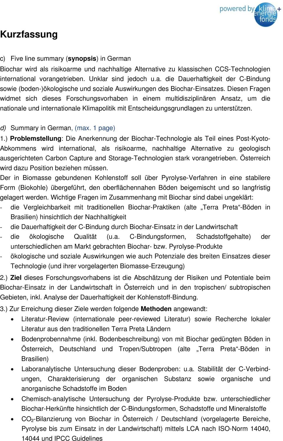 d) Summary in German, (max. 1 page) 1.