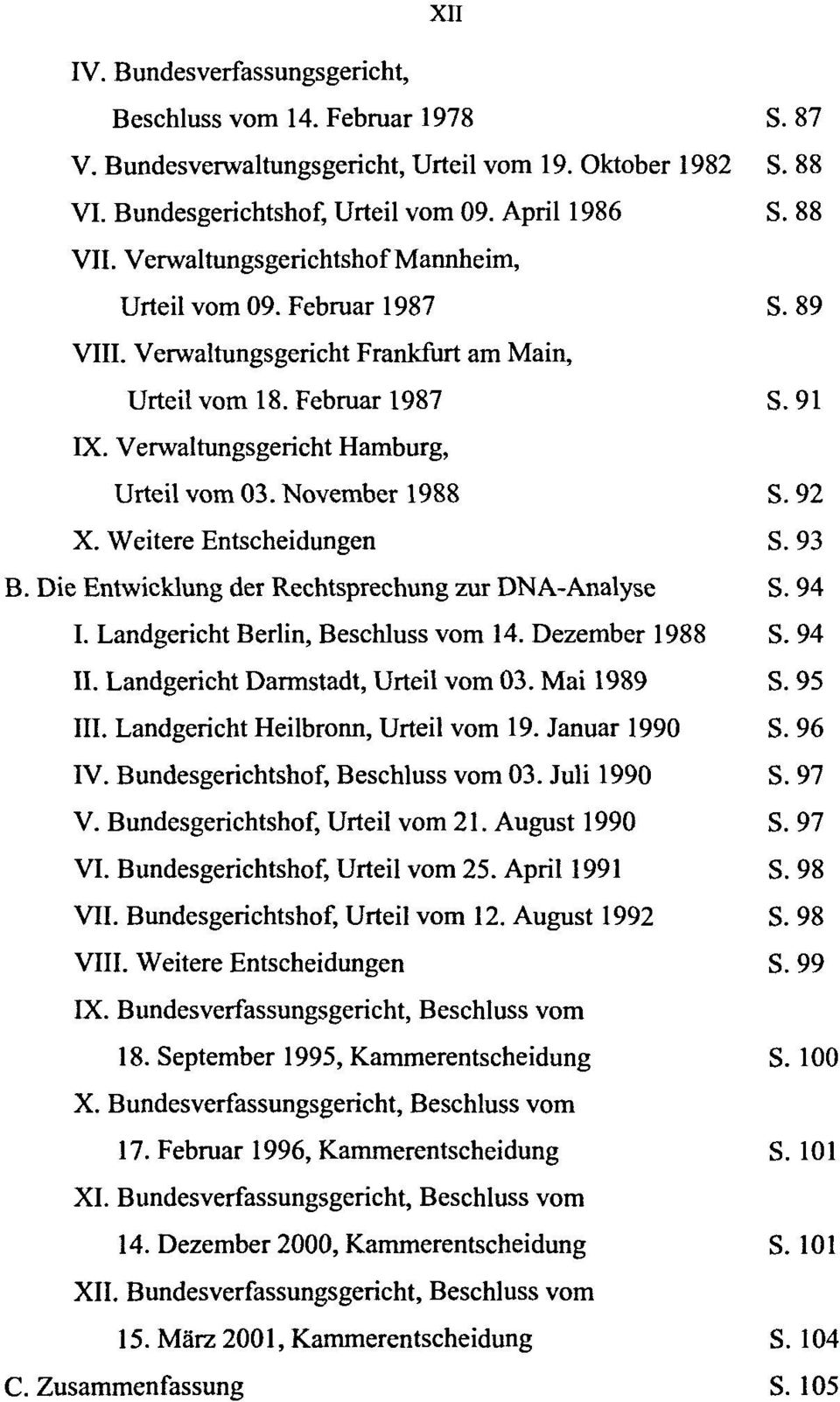 November 1988 S. 92 X. Weitere Entscheidungen S. 93 B. Die Entwicklung der Rechtsprechung zur DNA-Analyse S. 94 I. Landgericht Berlin, Beschluss vom 14. Dezember 1988 S. 94 II.