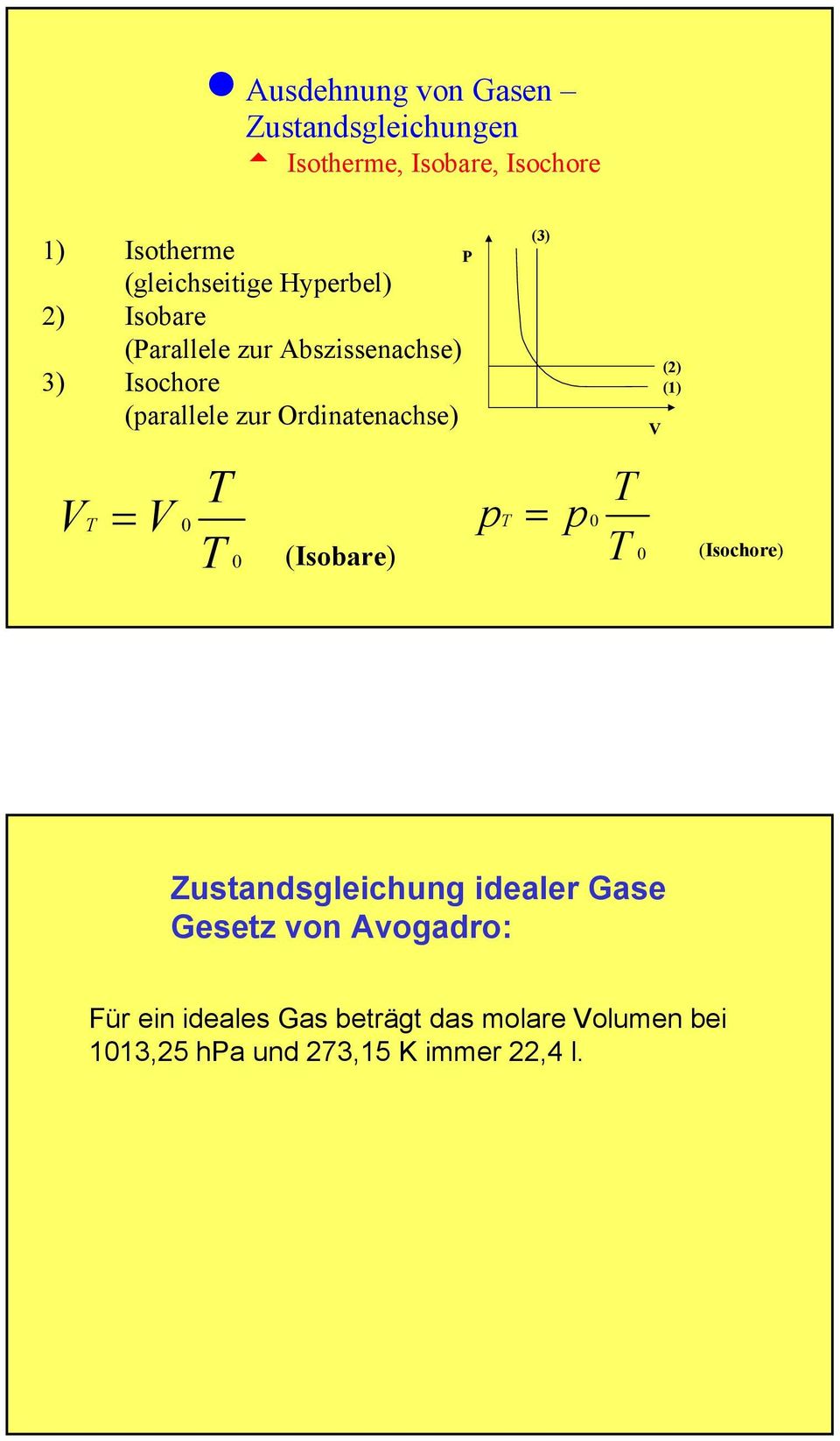 Ordinatenachse) V = V P (3) p = p (Isobare) V (2) (1) (Isochore) Zustandsgleichung idealer Gase