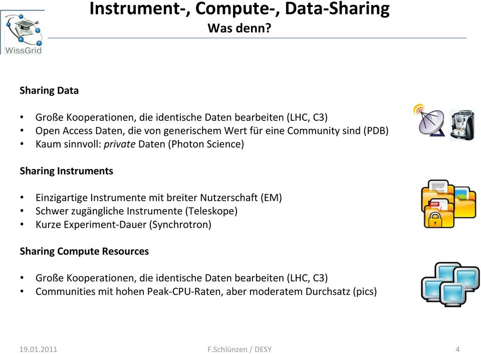 (PDB) Kaum sinnvoll: private Daten (Photon Science) Sharing Instruments Einzigartige Instrumente mit breiter Nutzerschaft (EM) Schwer zugängliche