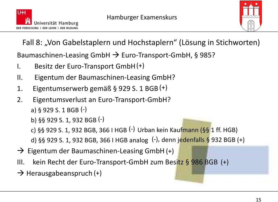 Eigentumsverlust an Euro-Transport-GmbH? a) 929 S. 1 BGB (-) b) 929 S. 1, 932 BGB (-) c) 929 S. 1, 932 BGB, 366 I HGB (-) Urban kein Kaufmann ( 1 ff.