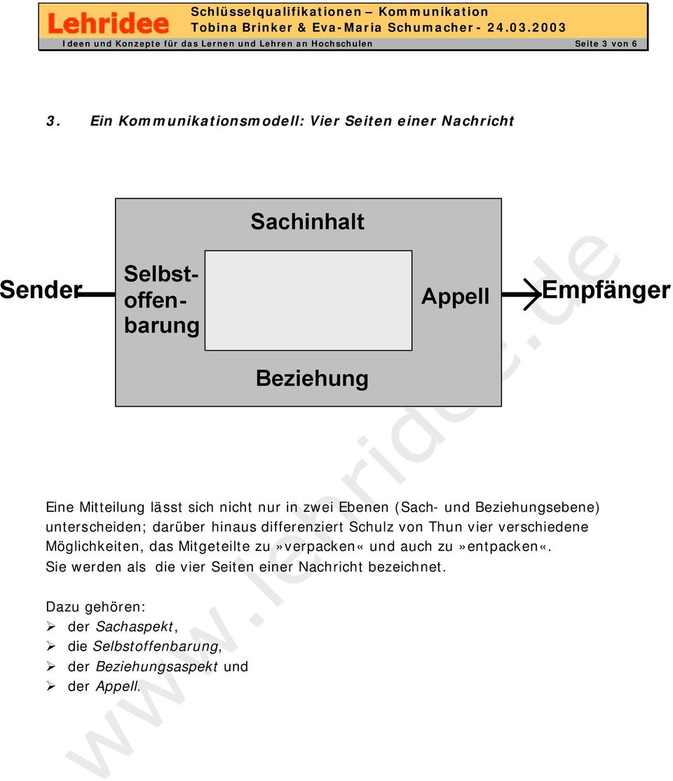 sich nicht nur in zwei Ebenen (Sach- und Beziehungsebene) unterscheiden; darüber hinaus differenziert Schulz von Thun vier verschiedene