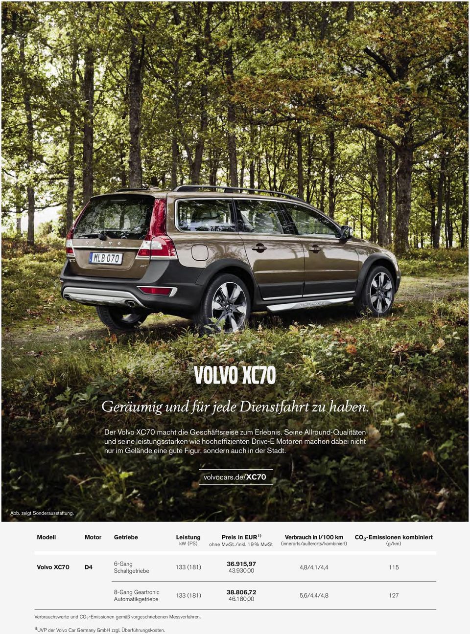 sondern auch in der Stadt. volvocars.de/xc70 Abb. zeigt Sonderausstattung. Preis in EUR 1) Volvo XC70 D4 133 (181) 36.915,97 43.