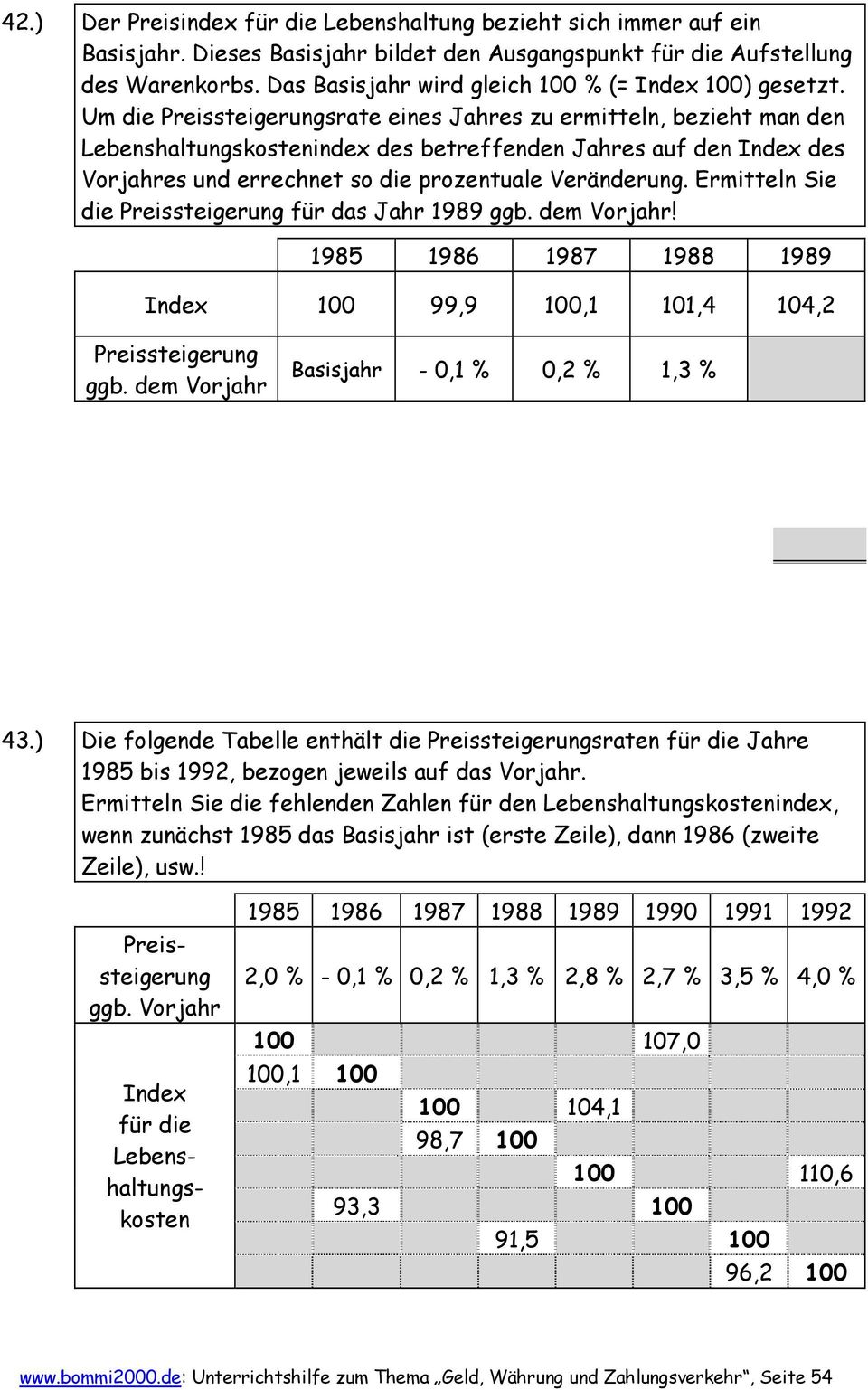 Um die Preissteigerungsrate eines Jahres zu ermitteln, bezieht man den Lebenshaltungskostenindex des betreffenden Jahres auf den Index des Vorjahres und errechnet so die prozentuale Veränderung.