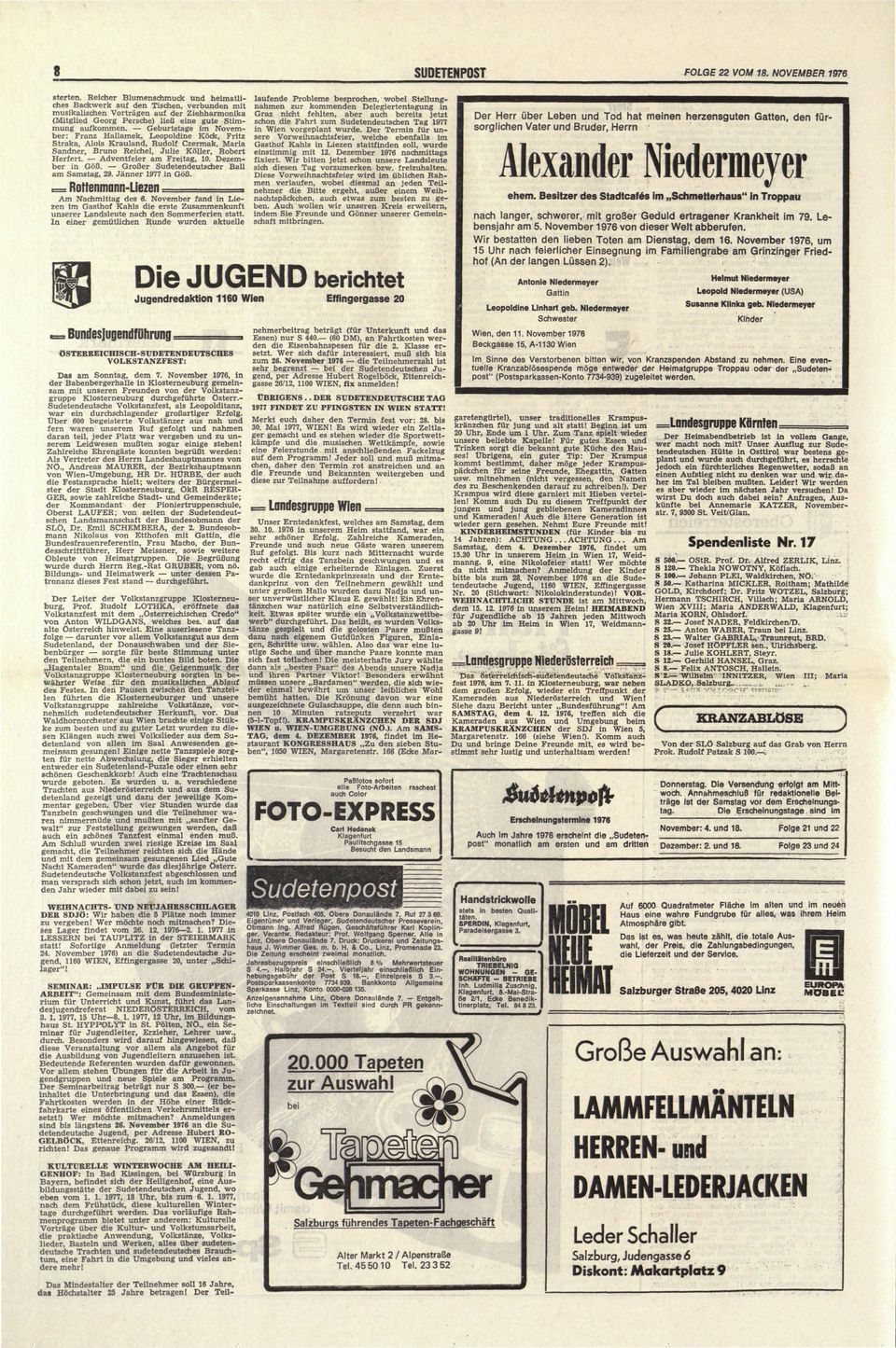 Dezember in Goß. Großer Sudetendeutscher Ball am Samstag, 29. Jänner 1977 in Goß.