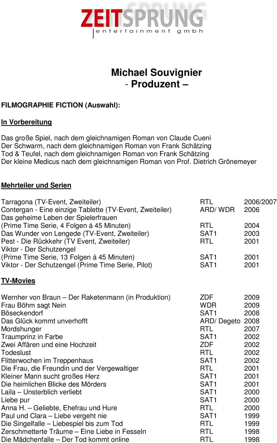 Dietrich Grönemeyer Mehrteiler und Serien Tarragona (TV-Event, Zweiteiler) RTL 2006/2007 Contergan - Eine einzige Tablette (TV-Event, Zweiteiler) ARD/ WDR 2006 Das geheime Leben der Spielerfrauen