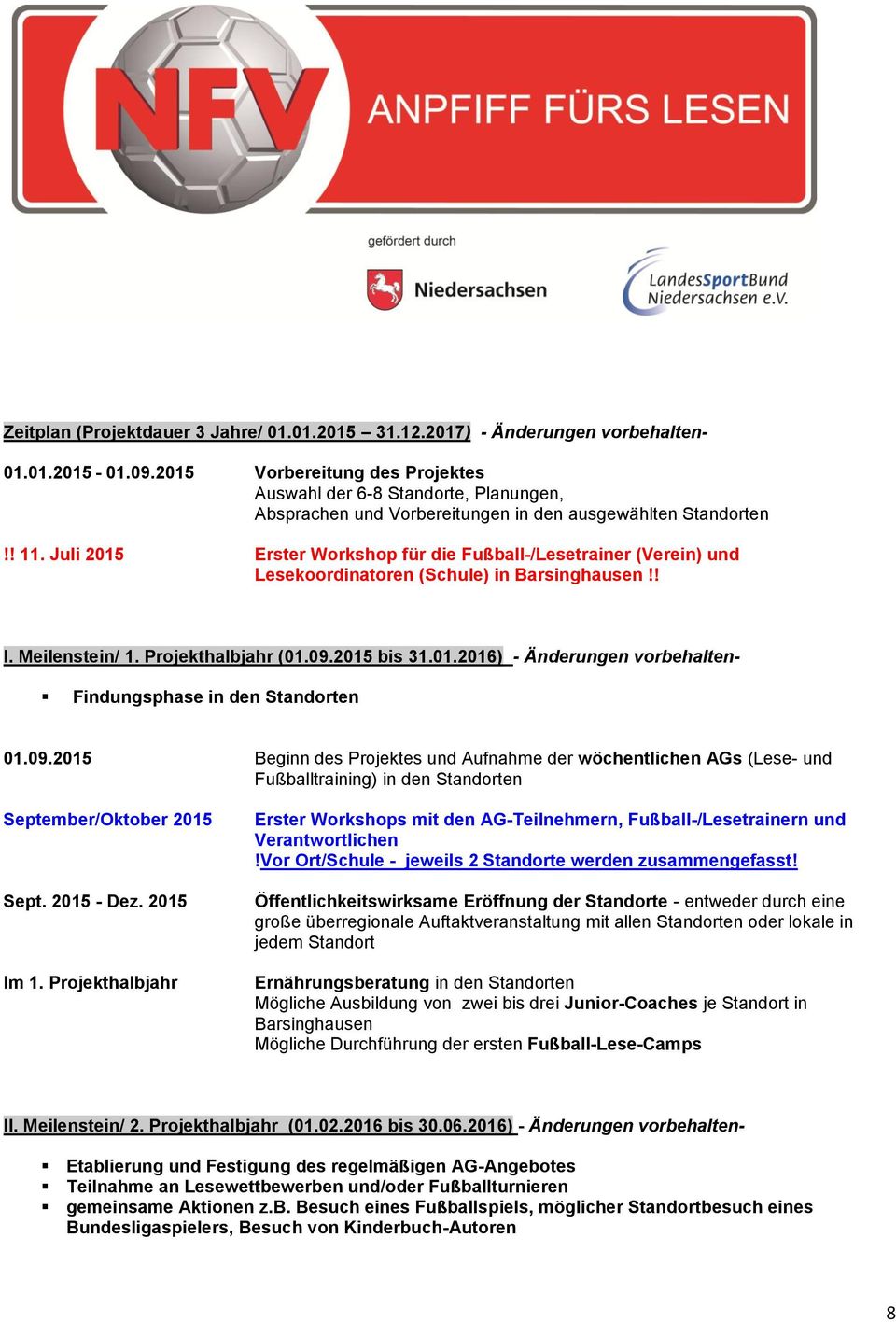 Juli 2015 Erster Workshop für die Fußball-/Lesetrainer (Verein) und Lesekoordinatoren (Schule) in Barsinghausen!! I. Meilenstein/ 1. Projekthalbjahr (01.09.2015 bis 31.01.2016) - Änderungen vorbehalten- Findungsphase in den Standorten 01.