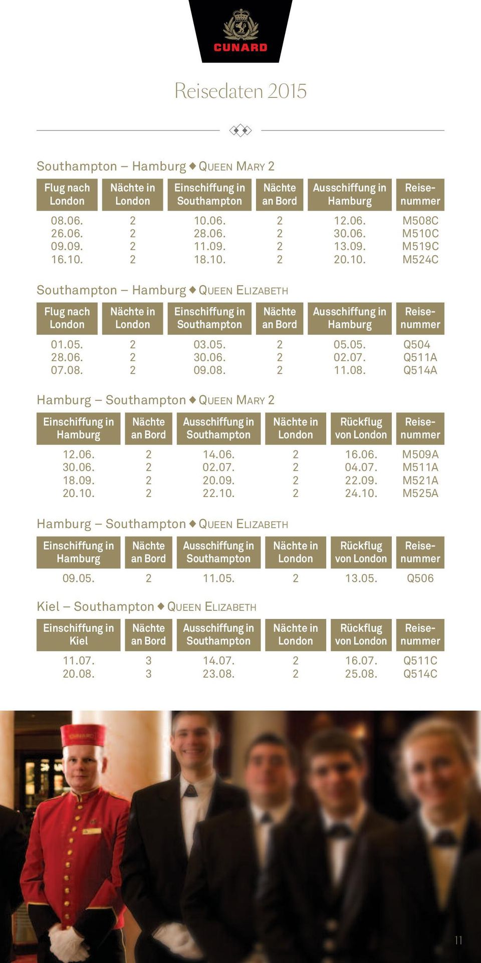 11.08. Hamburg Southampton QUEEN MARY Einschiffung in Hamburg 1.06. 30.06. 18.09. 0.10. Nächte an Bord Hamburg Southampton Einschiffung in Hamburg 09.05. Nächte an Bord Ausschiffung in Southampton 14.