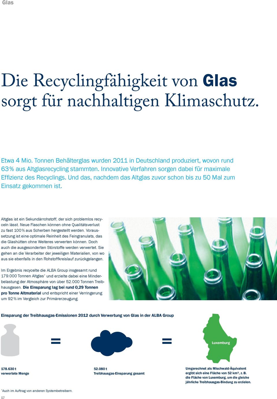 Altglas ist ein Sekundärrohstoff, der sich problemlos recyceln lässt. Neue Flaschen können ohne Qualitätsverlust zu fast 100% aus Scherben hergestellt werden.