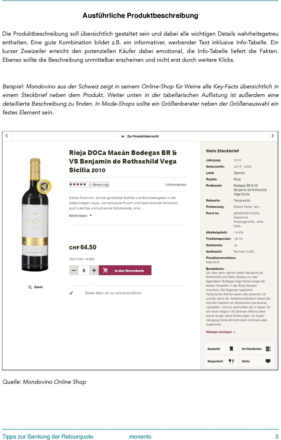 Beispiel: Mondovino aus der Schweiz zeigt in seinem Online-Shop für Weine alle Key-Facts übersichtlich in einem Steckbrief neben dem Produkt.