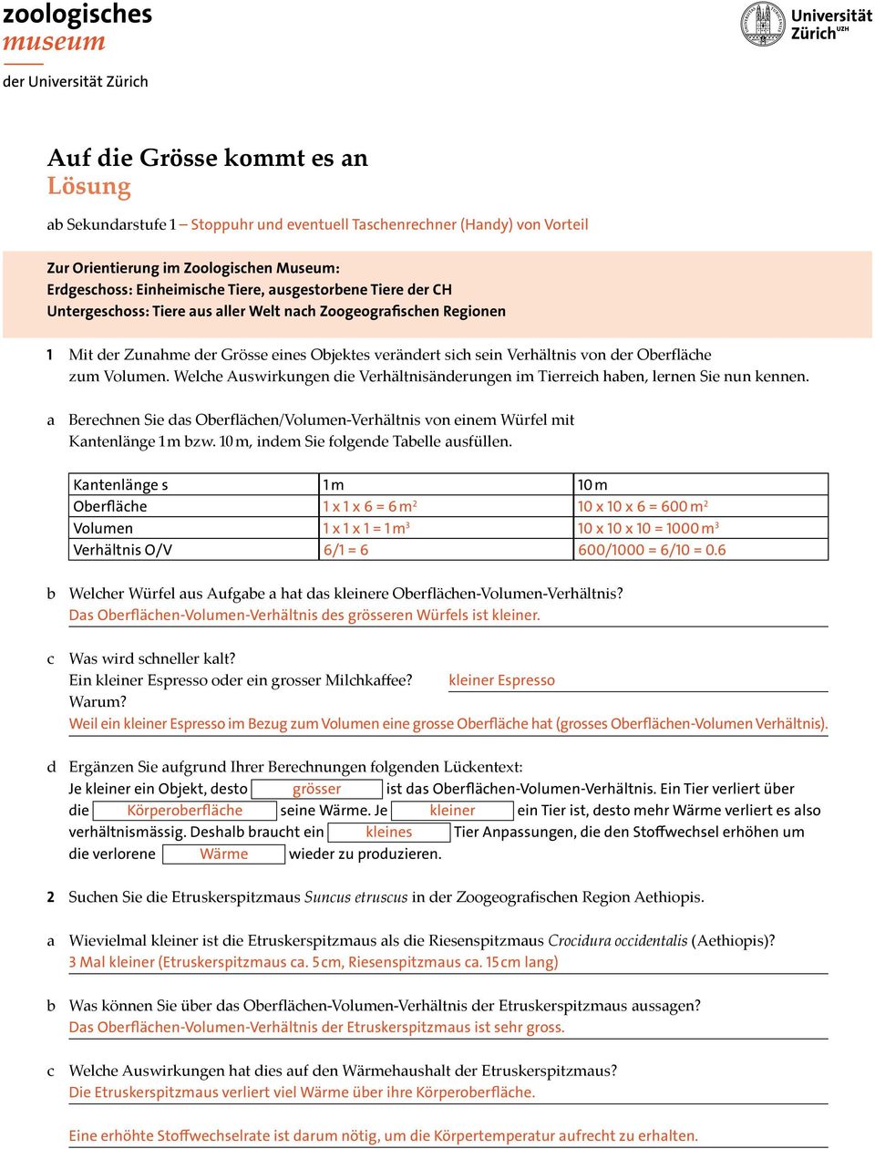 Welche Auswirkungen die Verhältnisänderungen im Tierreich haben, lernen Sie nun kennen. a Berechnen Sie das Oberflächen/Volumen-Verhältnis von einem Würfel mit Kantenlänge 1 m bzw.