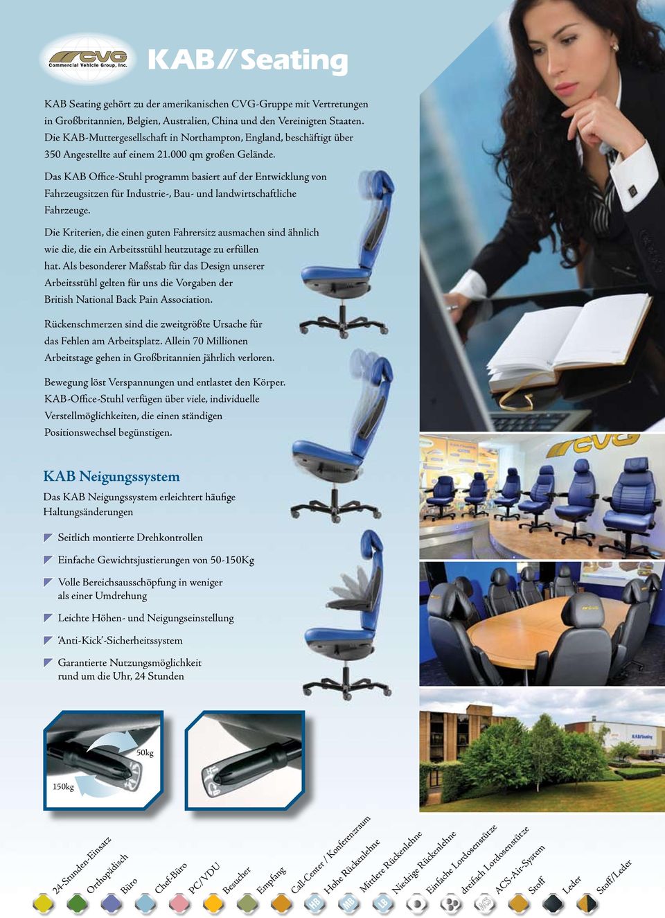 Das KAB Office-Stuhl programm basiert auf der Entwicklung von Fahrzeugsitzen für Industrie-, Bau- und landwirtschaftliche Fahrzeuge.