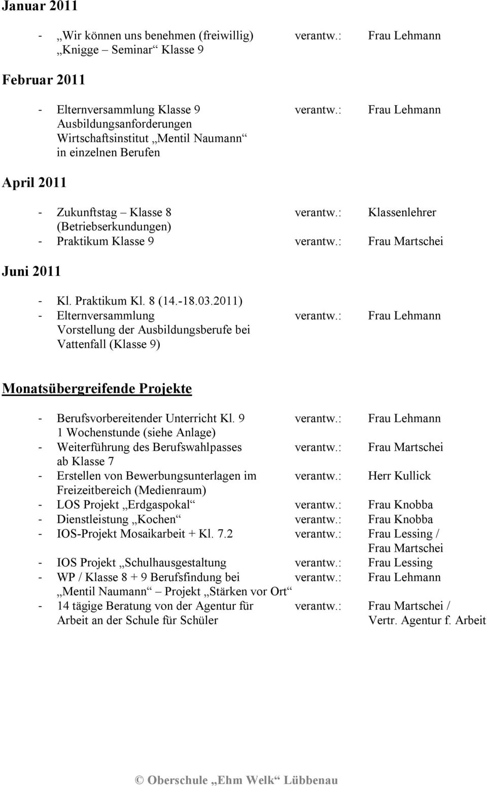 : Frau Martschei - Kl. Praktikum Kl. 8 (14.-18.03.2011) - Elternversammlung verantw.