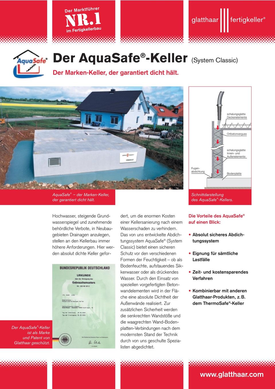hält. Schnittdarstellung des AquaSafe -Kellers. Der AquaSafe -Keller ist als Marke und Patent von Glatthaar geschützt.