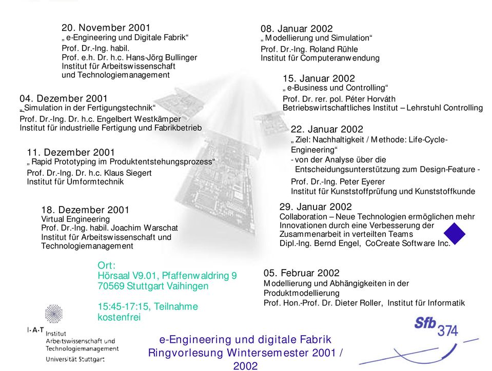 Dezember 2001 Rapid Prototyping im Produktentstehungsprozess Prof. Dr.-Ing. Dr. h.c. Klaus Siegert Institut für Umformtechnik 18. Dezember 2001 Virtual Engineering Prof. Dr.-Ing. habil.