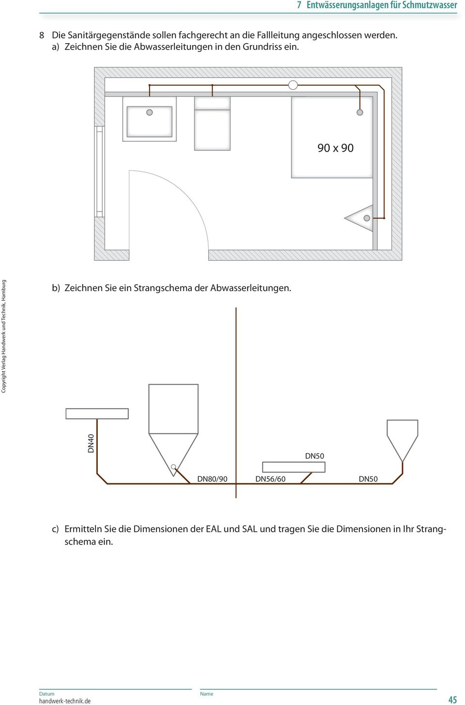 90 x 90 b) Zeichnen Sie ein Strangschema der Abwasserleitungen.