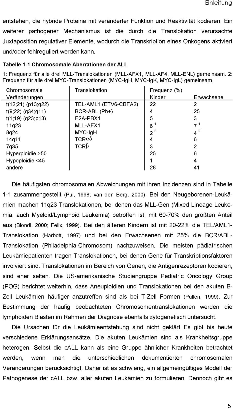 kann. Tabelle 1-1 Chromosomale Aberrationen der ALL 1: Frequenz für alle drei MLL-Translokationen (MLL-AFX1, MLL-AF4, MLL-ENL) gemeinsam.