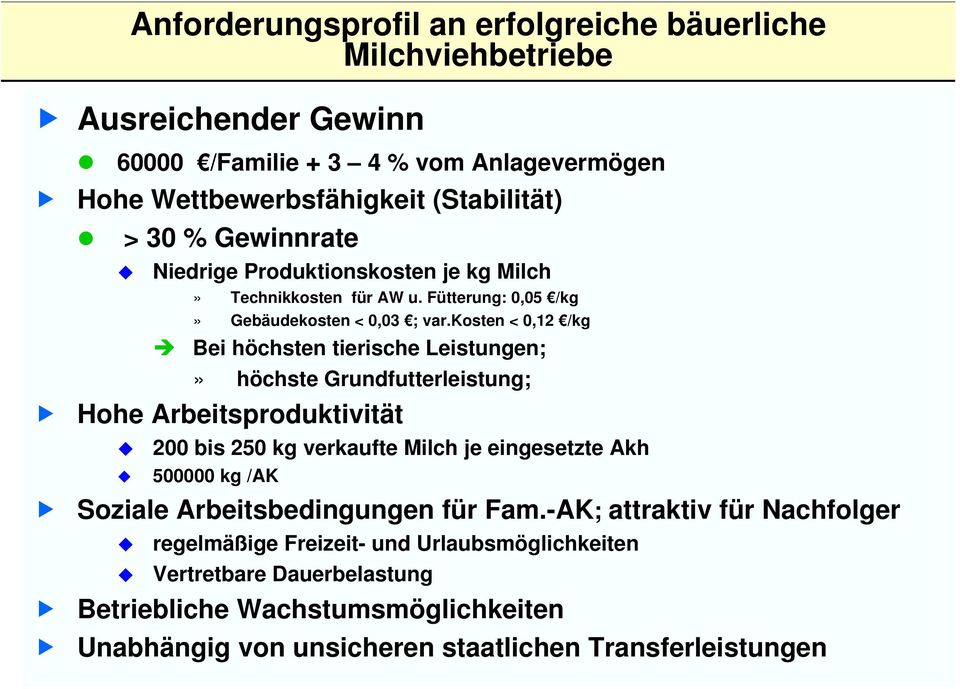 kosten < 0,12 /kg Bei höchsten tierische Leistungen;» höchste Grundfutterleistung; Hohe Arbeitsproduktivität 200 bis 250 kg verkaufte Milch je eingesetzte Akh 500000 kg /AK