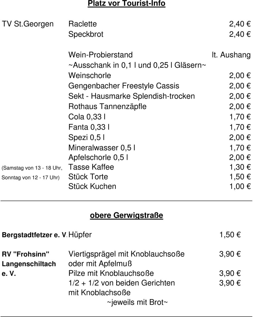 0,33 l 1,70 Fanta 0,33 l 1,70 Spezi 0,5 l 2,00 Mineralwasser 0,5 l 1,70 Apfelschorle 0,5 l 2,00 (Samstag von 13-18 Uhr, Tasse Kaffee 1,30 Sonntag von 12-17 Uhr) Stück Torte