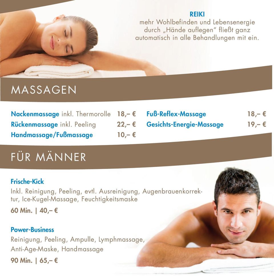 Peeling 22, Handmassage/Fußmassage 10, Fuß-Reflex-Massage 18, Gesichts-Energie-Massage 19, FÜR MÄNNER Frische-Kick Inkl.
