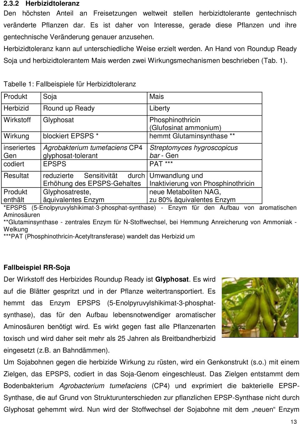An Hand von Roundup Ready Soja und herbizidtolerantem Mais werden zwei Wirkungsmechanismen beschrieben (Tab. 1).