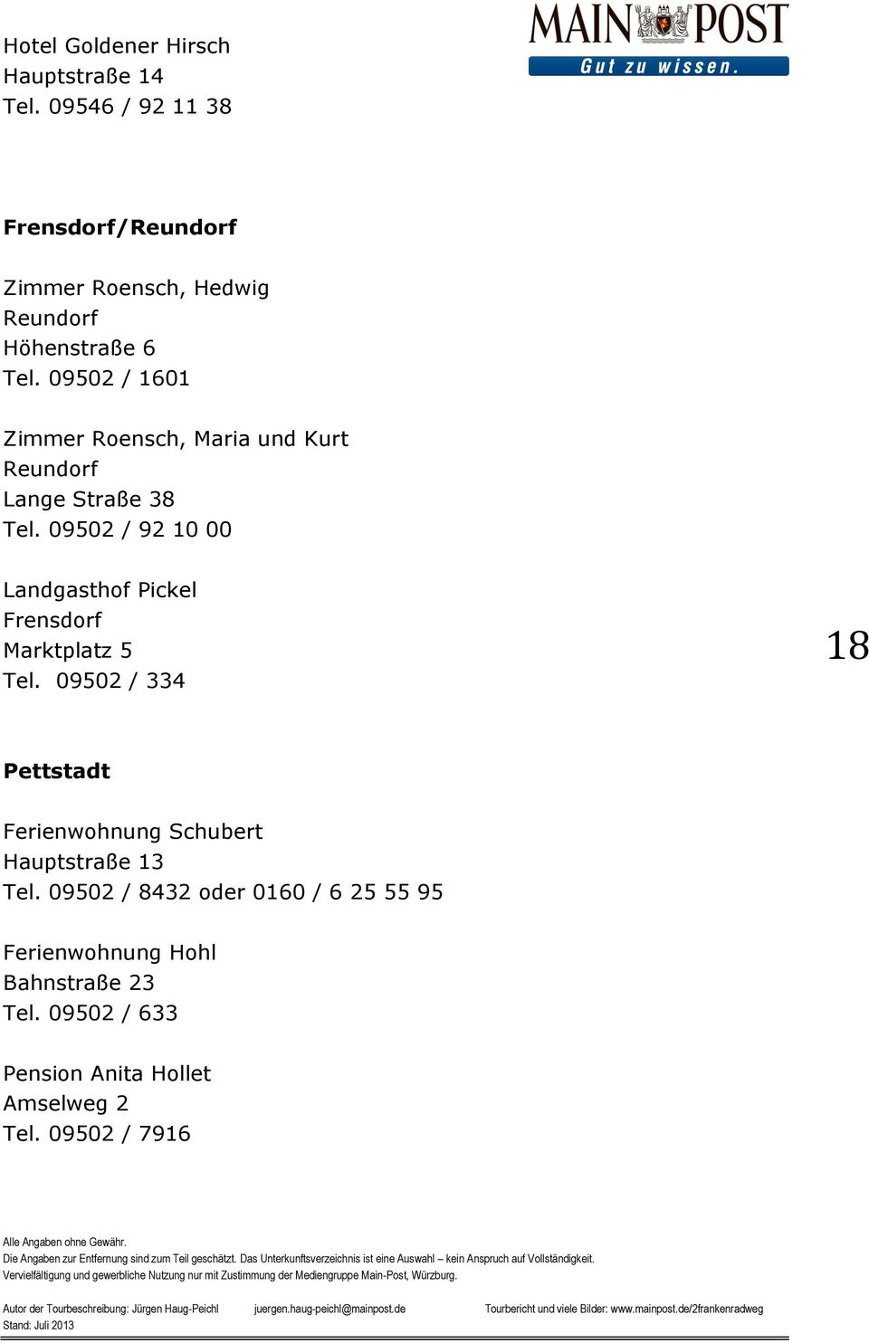 09502 / 1601 Zimmer Roensch, Maria und Kurt Reundorf Lange Straße 38 Tel.