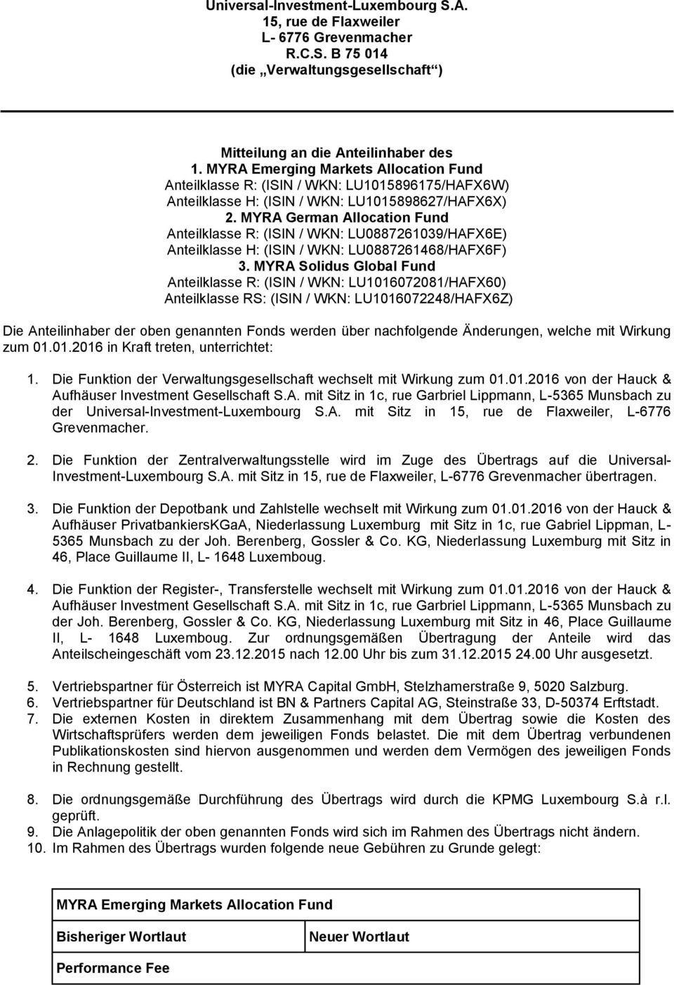 MYRA German Allocation Fund Anteilklasse R: (ISIN / WKN: LU0887261039/HAFX6E) Anteilklasse H: (ISIN / WKN: LU0887261468/HAFX6F) 3.