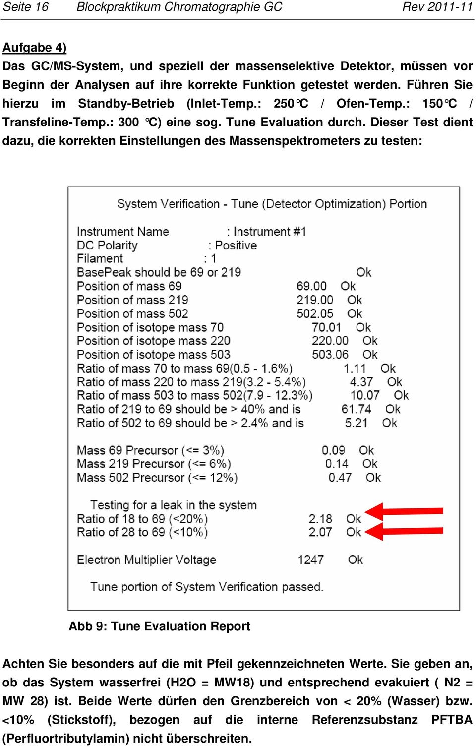 Dieser Test dient dazu, die korrekten Einstellungen des Massenspektrometers zu testen: Abb 9: Tune Evaluation Report Achten Sie besonders auf die mit Pfeil gekennzeichneten Werte.