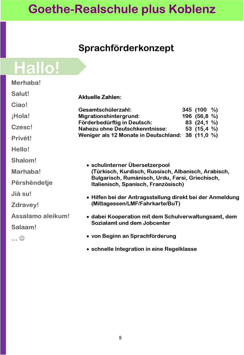 Deutschland: 38 (11,0 %) schulinterner Übersetzerpool (Türkisch, Kurdisch, Russisch, Albanisch, Arabisch, Bulgarisch, Rumänisch, Urdu, Farsi, Griechisch, Italienisch, Spanisch, Französisch) Hilfen