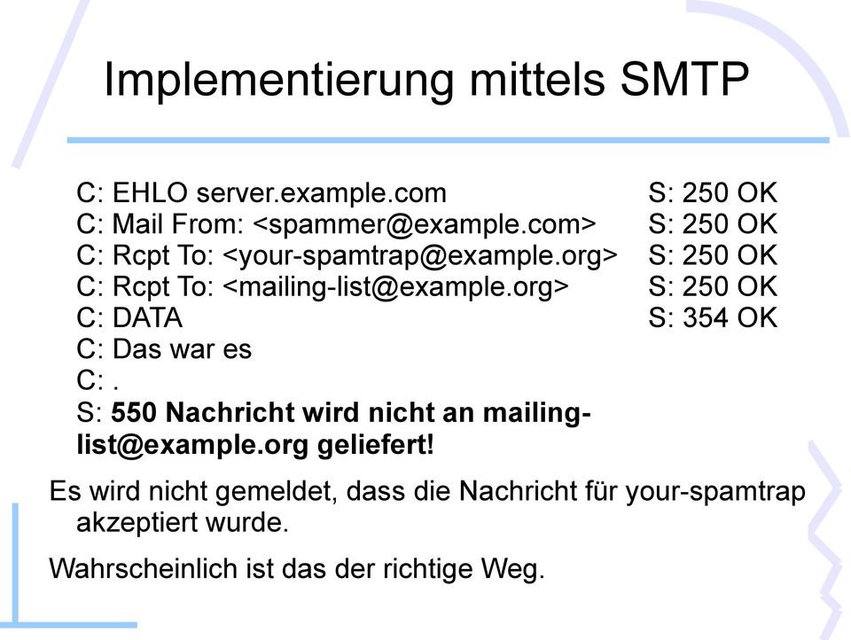 org> S: 250 OK C: DATA S: 354 OK C: Das war es C:. S: 550 Nachricht wird nicht an mailinglist@example.