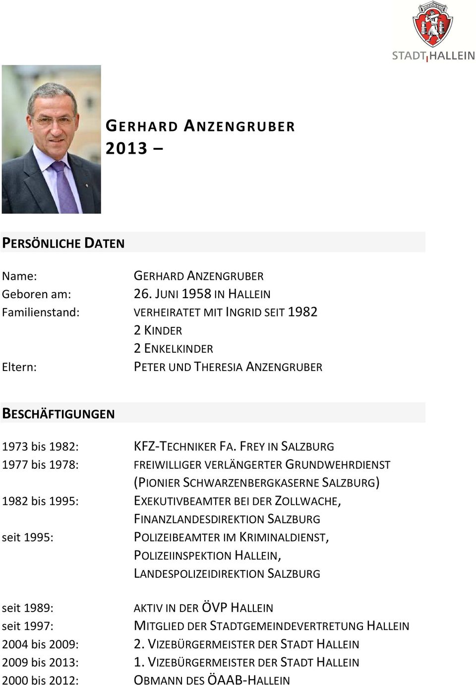 FREY IN SALZBURG 1977 bis 1978: FREIWILLIGER VERLÄNGERTER GRUNDWEHRDIENST (PIONIER SCHWARZENBERGKASERNE SALZBURG) 1982 bis 1995: EXEKUTIVBEAMTER BEI DER ZOLLWACHE, seit 1995: FINANZLANDESDIREKTION