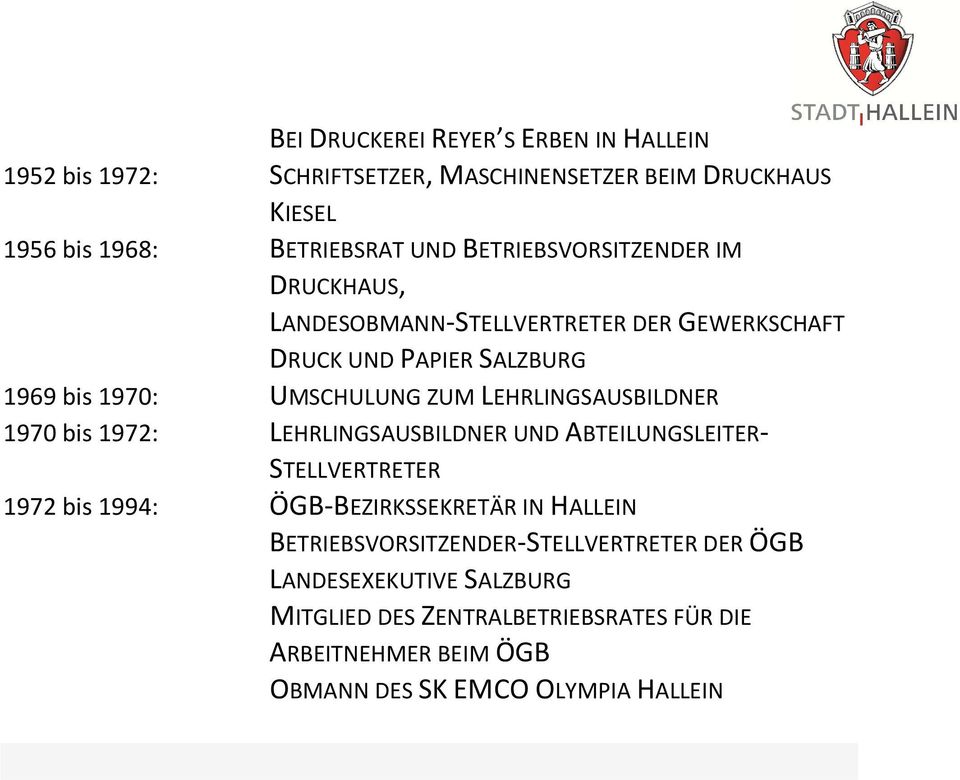 LEHRLINGSAUSBILDNER 1970 bis 1972: LEHRLINGSAUSBILDNER UND ABTEILUNGSLEITER- STELLVERTRETER 1972 bis 1994: ÖGB-BEZIRKSSEKRETÄR IN HALLEIN