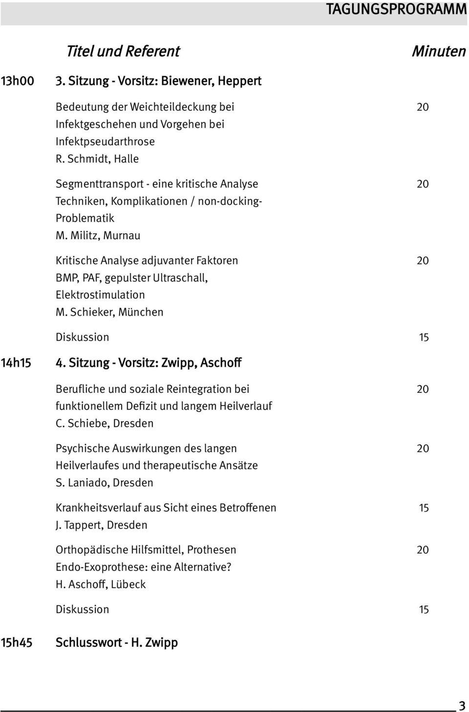 Militz, Murnau Kritische Analyse adjuvanter Faktoren 20 BMP, PAF, gepulster Ultraschall, Elektrostimulation M. Schieker, München Diskussion 15 14h15 4.