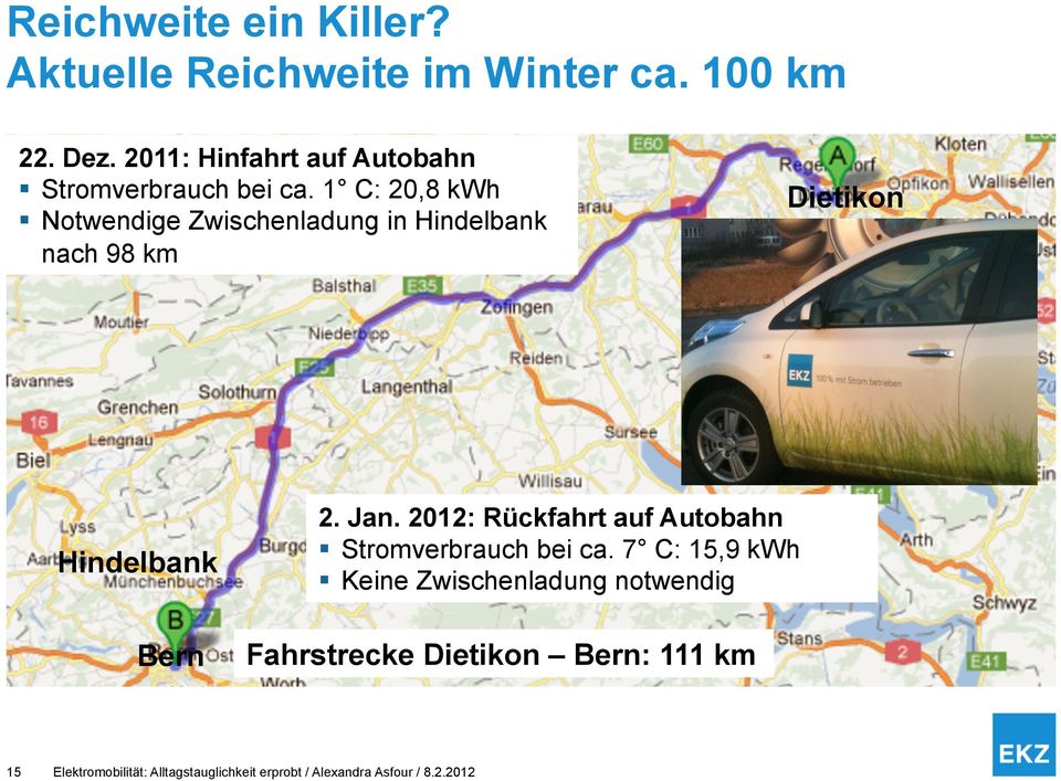 1 C: 20,8 kwh Notwendige Zwischenladung in Hindelbank nach 98 km Dietikon Hindelbank Bern 2. Jan.