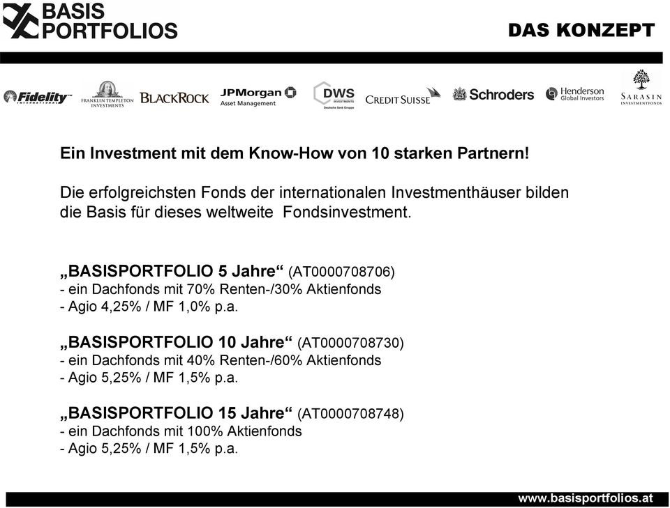 BASISPORTFOLIO 5 Jahre (AT0000708706) - ein Dachfonds mit 70% Renten-/30% Aktienfonds - Agio 4,25% / MF 1,0% p.a. BASISPORTFOLIO 10 Jahre (AT0000708730) - ein Dachfonds mit 40% Renten-/60% Aktienfonds - Agio 5,25% / MF 1,5% p.