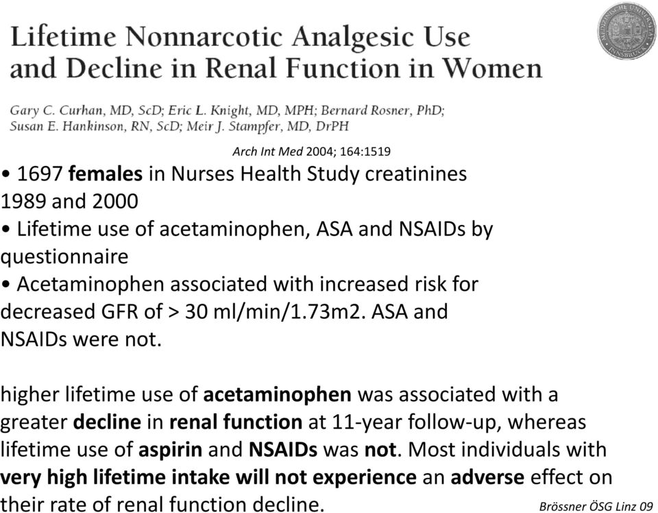 higher h lifetime use of acetaminophen was associated itdwith a greater decline in renal function at 11 year follow up, whereas lifetime use