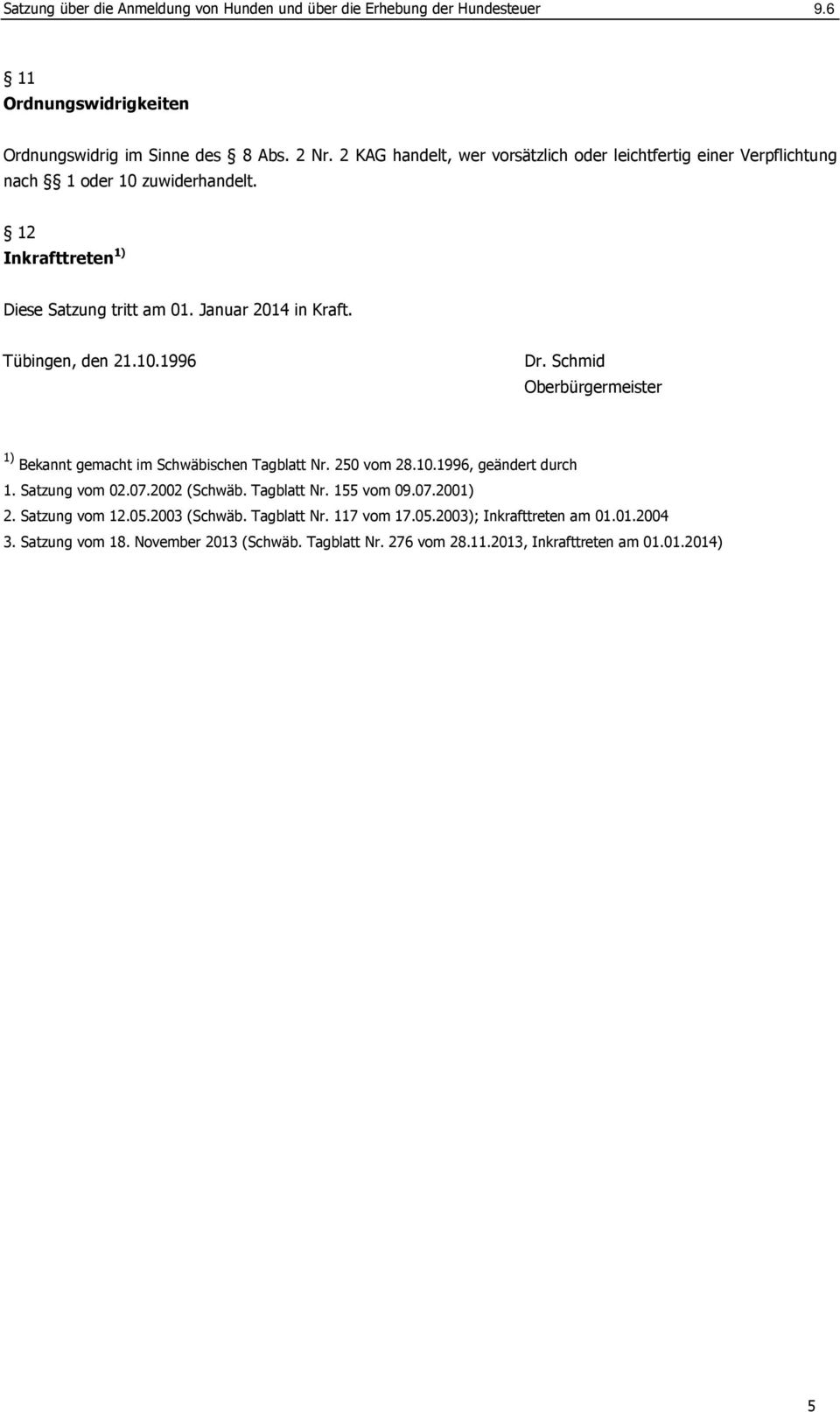 Tübingen, den 21.10.1996 Dr. Schmid Oberbürgermeister 1) Bekannt gemacht im Schwäbischen Tagblatt Nr. 250 vom 28.10.1996, geändert durch 1. Satzung vom 02.07.2002 (Schwäb.