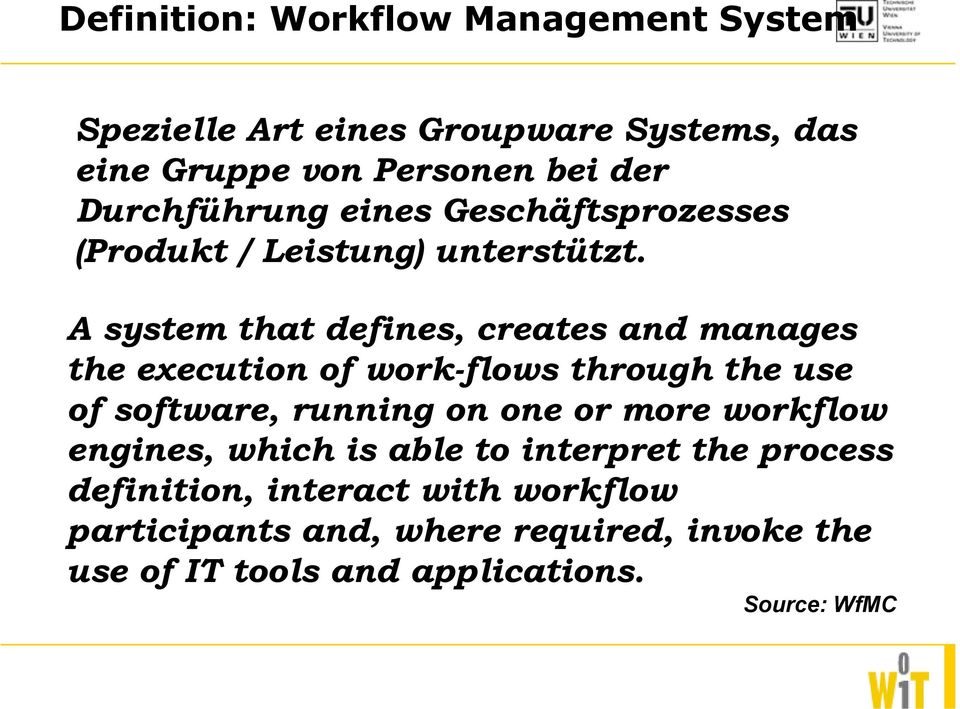 A system that defines, creates and manages the execution of work-flows through the use of software, running on one or more