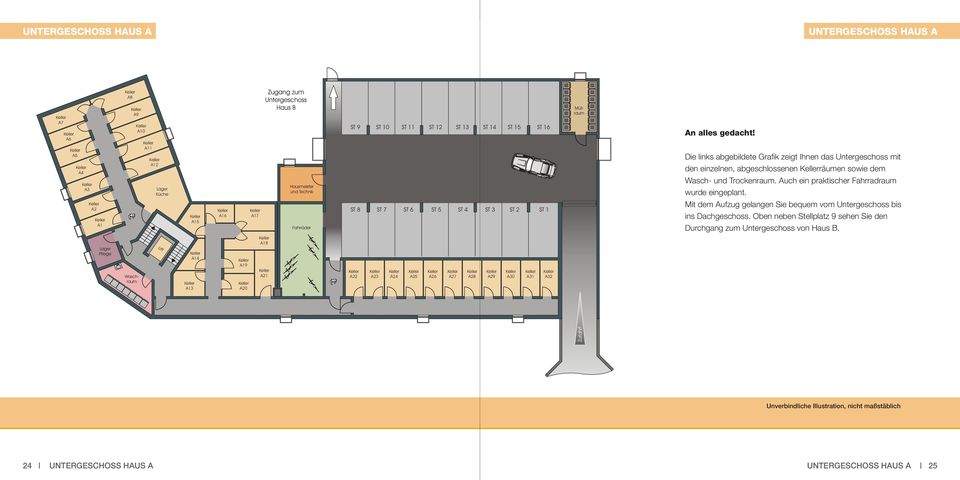 Auch ein praktischer Fahrradraum wurde eingeplant. A2 A1 A15 A16 A17 Fahrräder ST 8 ST 7 ST 6 ST 5 ST 4 ST 3 ST 2 ST 1 Mit dem Aufzug gelangen Sie bequem vom Untergeschoss bis ins Dachgeschoss.